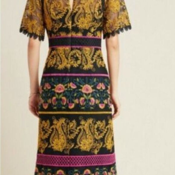 Anthropologie Jacguin Embroidered Elegant Black Gold Lace Midi Dress Size 2 - Picture 4 of 13
